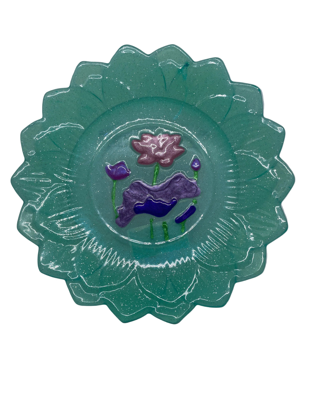 Decorative green Trinket Plate with floral design on a white background