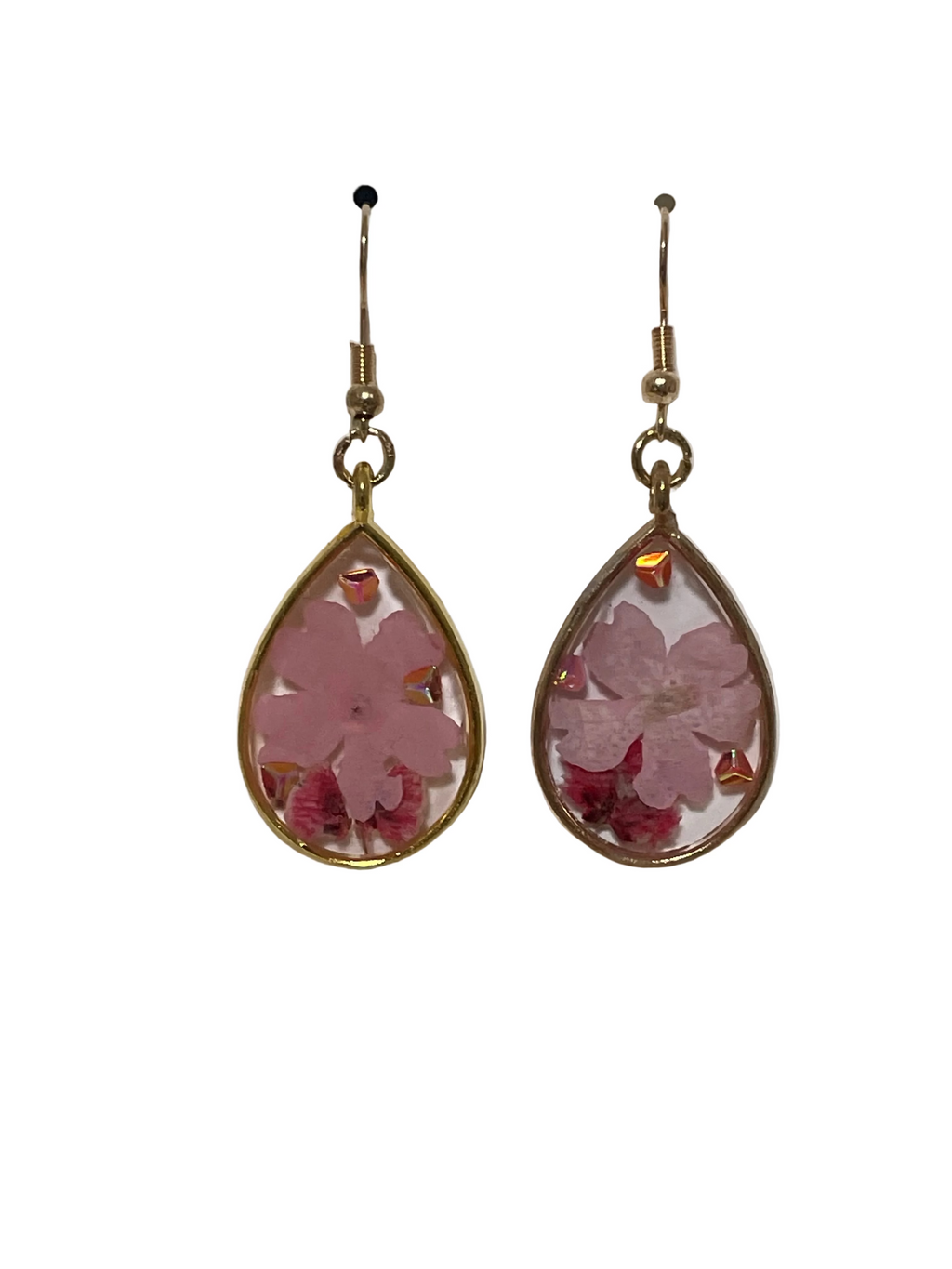 Teardrop-shaped earrings with pink floral design on a white card.
