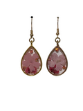 Teardrop-shaped earrings with pink floral design on a white card.