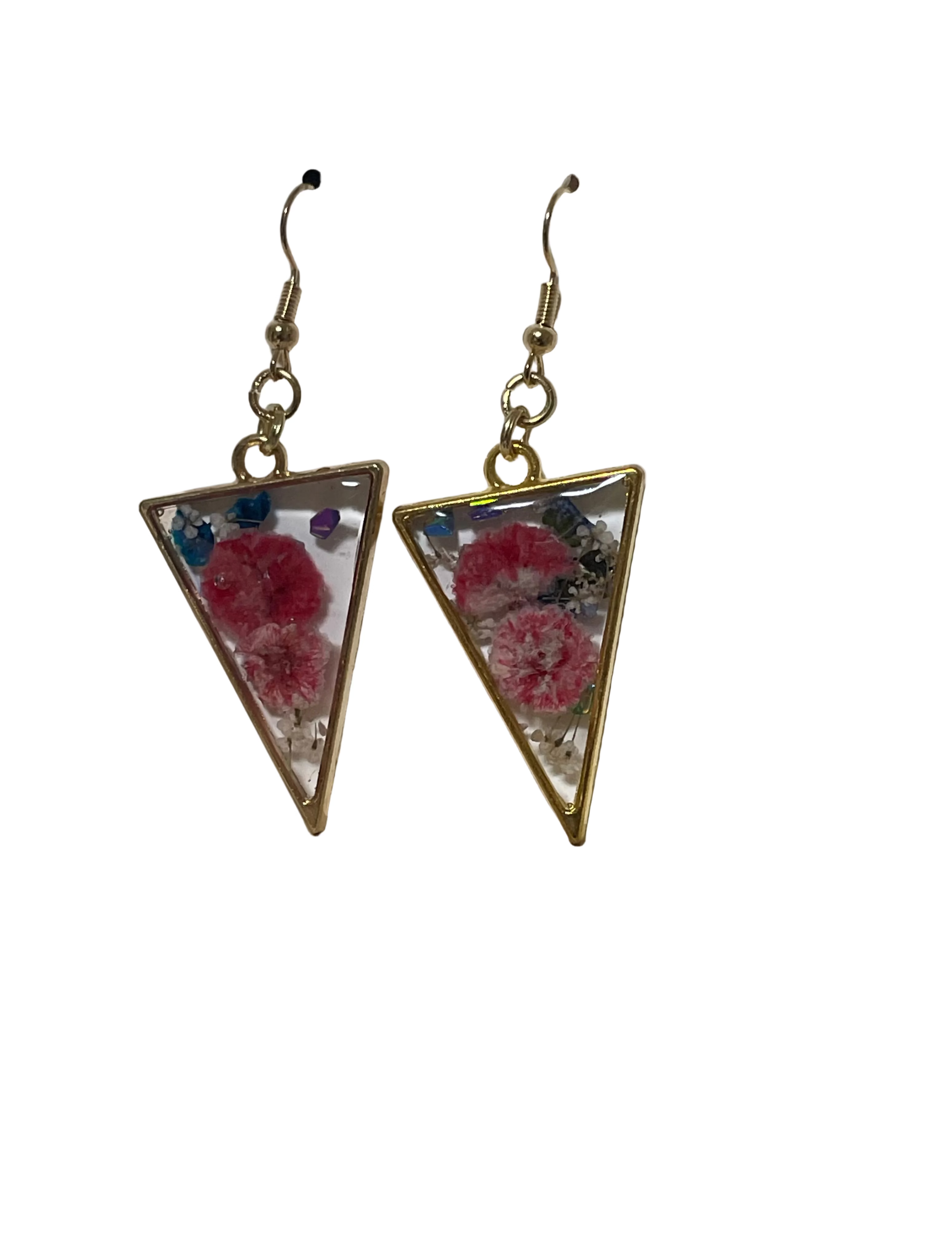 Triangular earrings with floral design on a white card