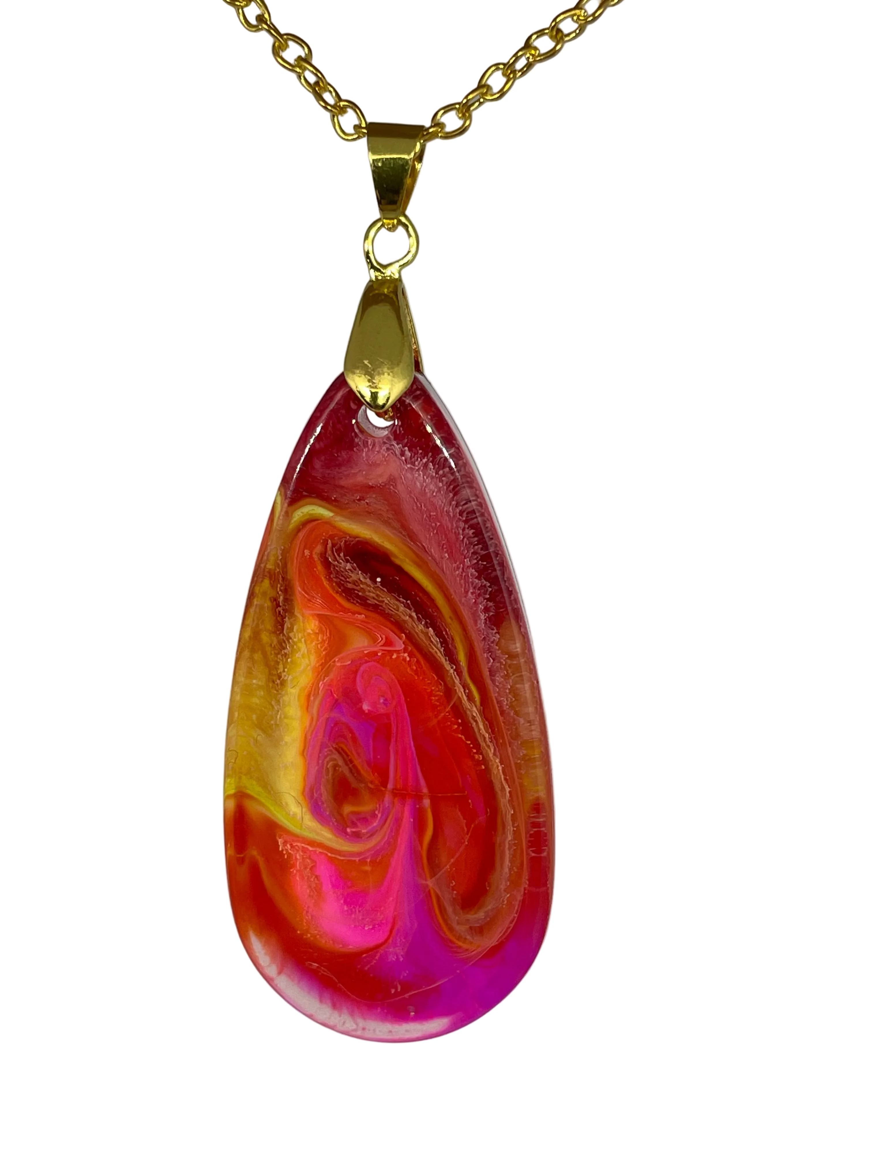Colorful teardrop pendant with gold chain on a white background