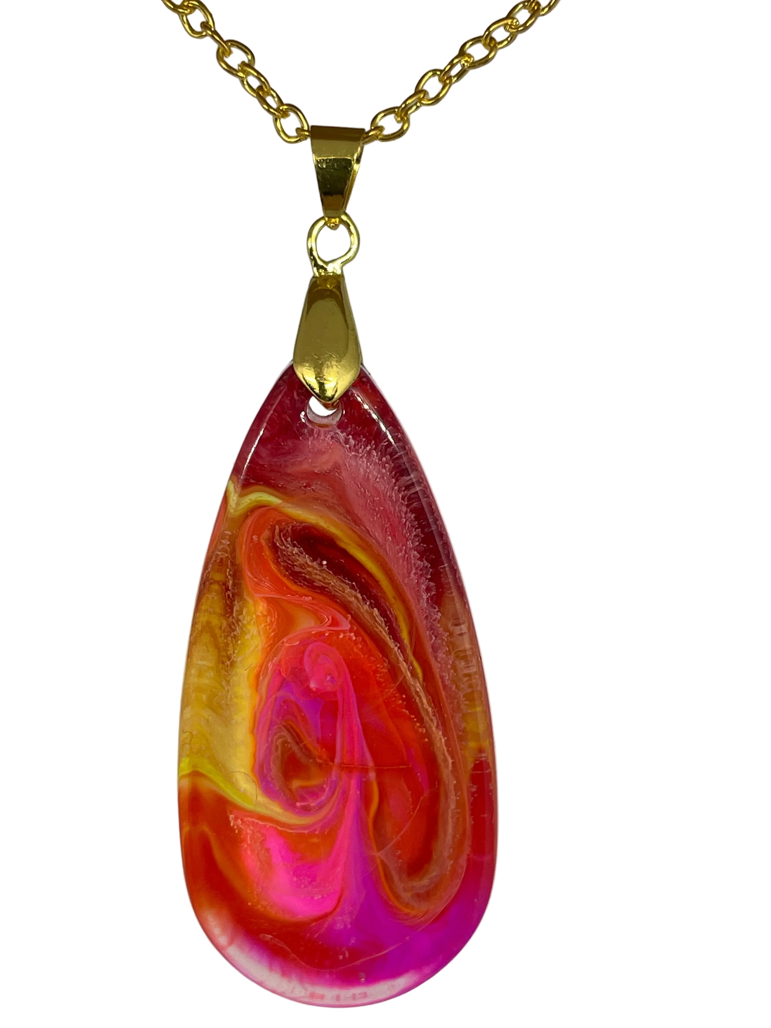 Colorful teardrop pendant on a gold chain against a white background