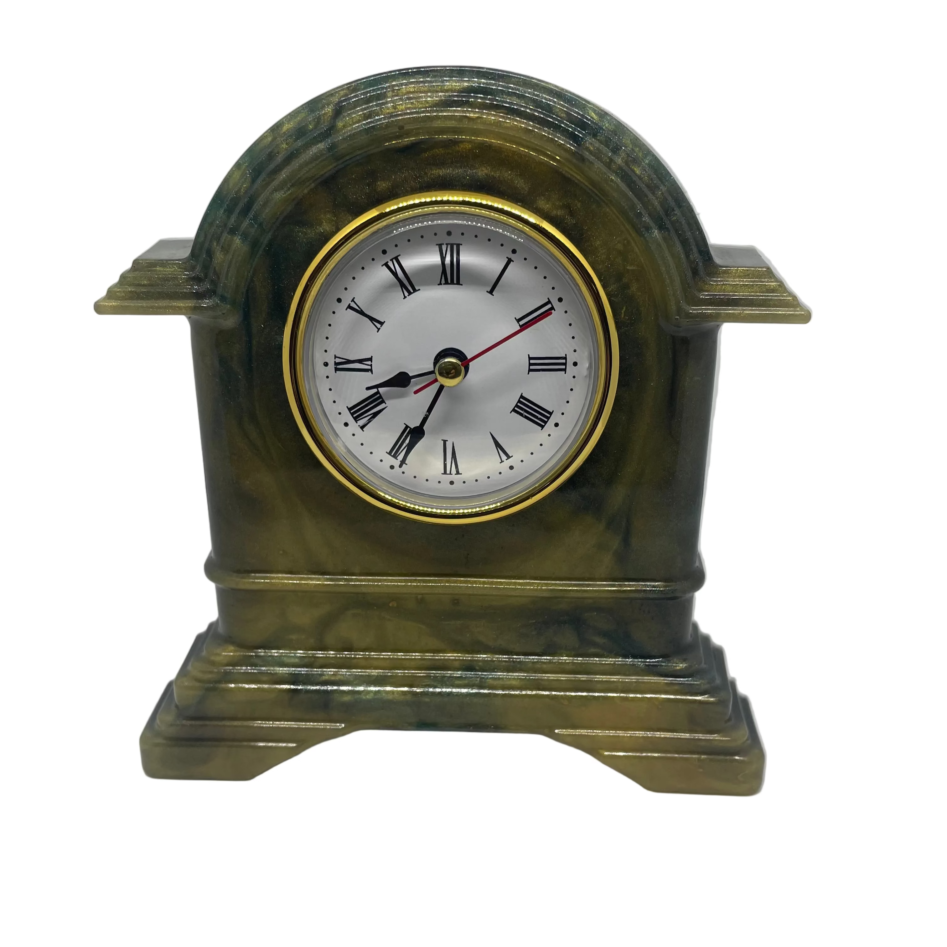 Decorative clock with a white face and black Roman numerals on a white background