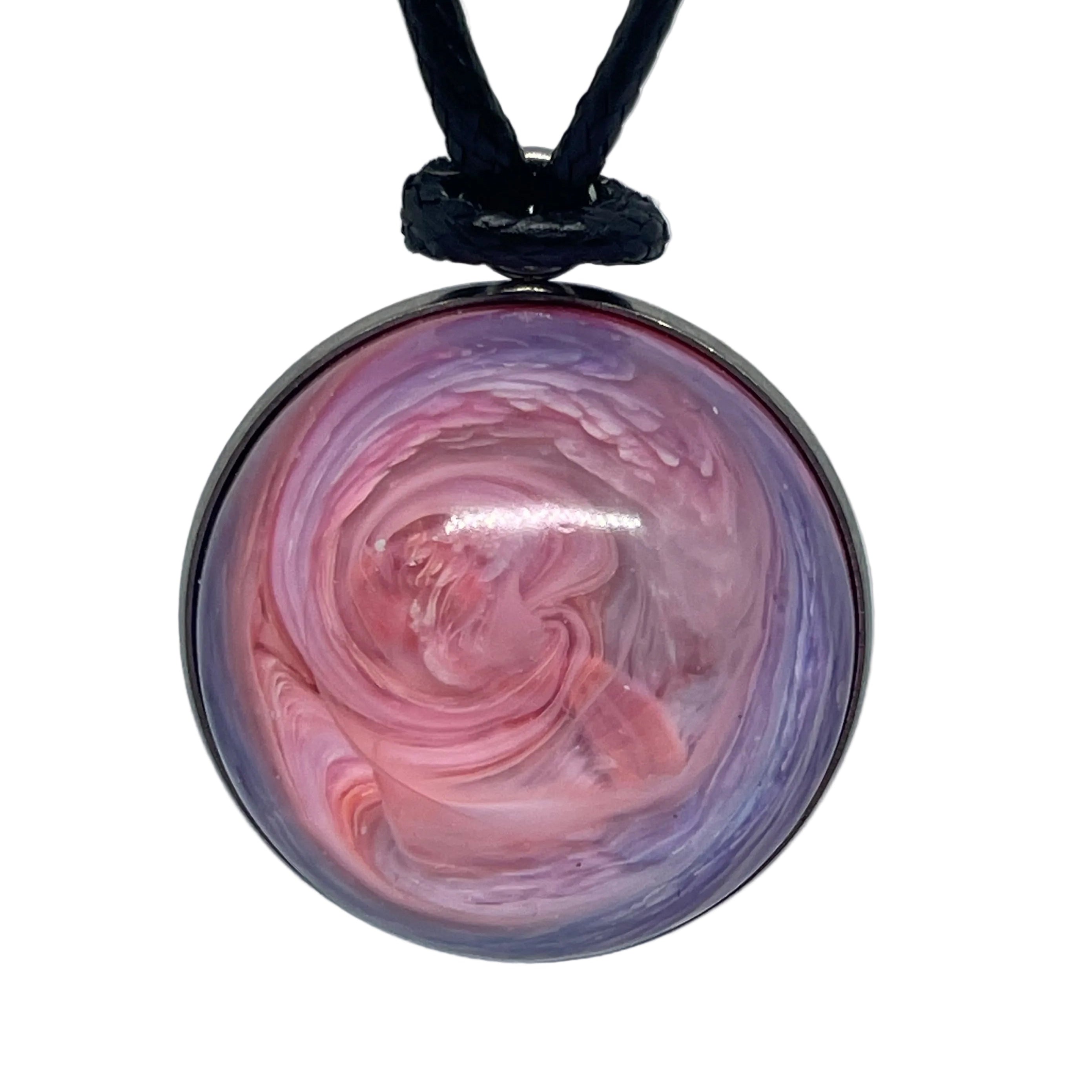 Necklace with a pink and purple marbled pendant on a white background