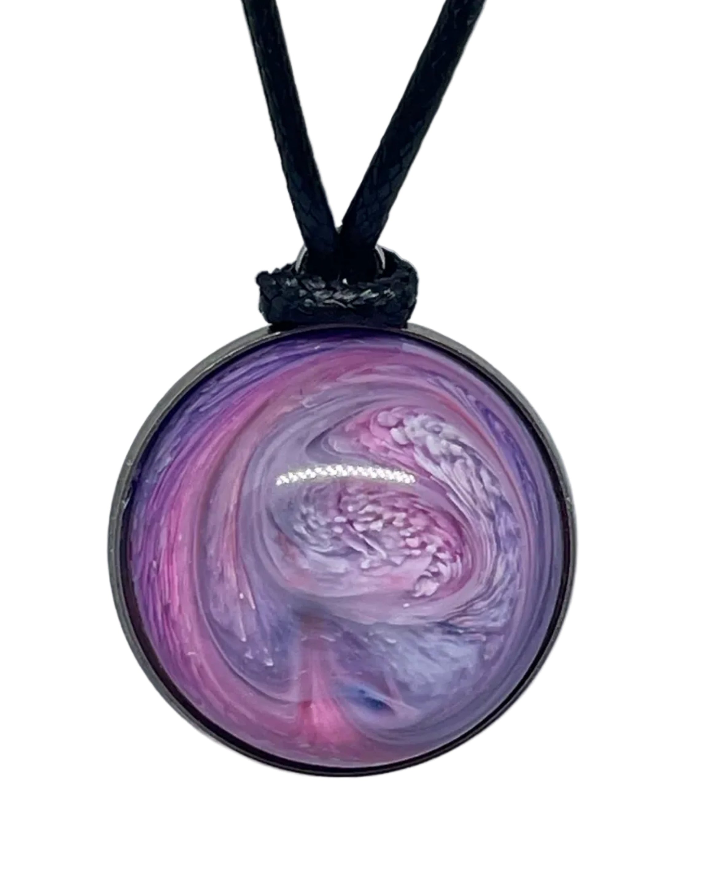 Necklace with a purple and pink marbled pendant on a white background