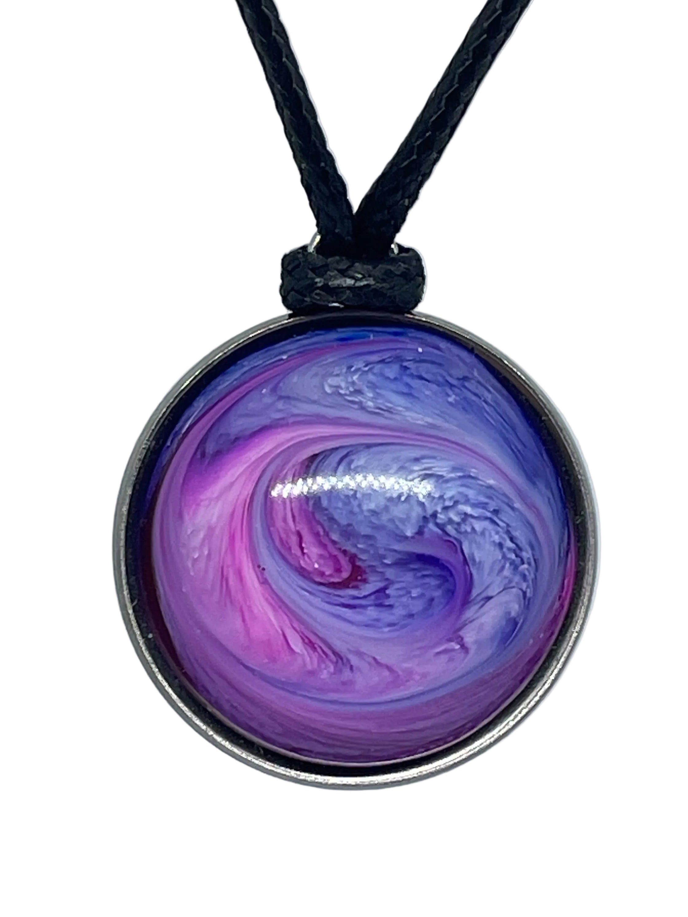 Necklace with a purple and blue swirl pendant on a white background