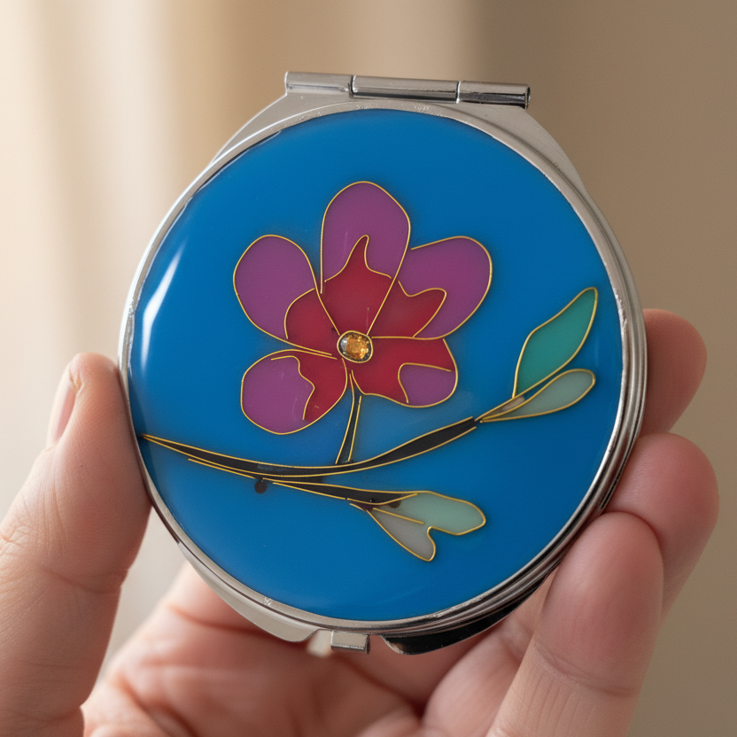 Lady holding front of mirror compact